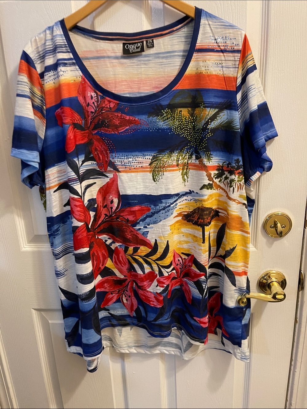 Onque Woman Blue Striped Tee with Red Floral & Tropical Print